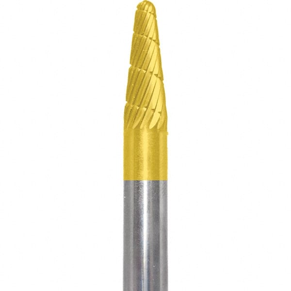 Made in USA - 6mm Cut Diam, 0.2362" Shank Diam, Cone Head Aluma Cut Burr - Carbide, 16mm LOC, 50mm OAL - Exact Tooling
