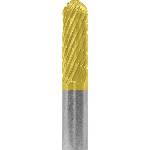 Made in USA - 6mm Cut Diam, 0.2362" Shank Diam, Cylinder with Radius Head Chipbreaker Cut Burr - Carbide, 16mm LOC, 50mm OAL - Exact Tooling