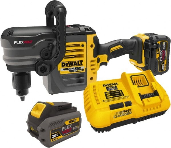 DeWALT - 60 Volt 1/2" Chuck Right Angle Handle Cordless Drill - 0-300 & 0-1200 RPM, Keyed Chuck, 2 Lithium-Ion Batteries Included - Exact Tooling
