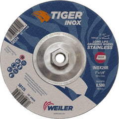 Weiler - 24 Grit, 7" Wheel Diam, 1/4" Wheel Thickness, Type 27 Depressed Center Wheel - Coarse Grade, Aluminum Oxide, Resinoid Bond, R Hardness, 8,500 Max RPM - Exact Tooling