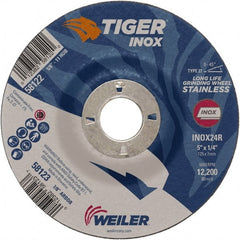 Weiler - 24 Grit, 5" Wheel Diam, 1/4" Wheel Thickness, 7/8" Arbor Hole, Type 27 Depressed Center Wheel - Coarse Grade, Aluminum Oxide, Resinoid Bond, R Hardness, 12,200 Max RPM - Exact Tooling