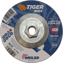 Weiler - 24 Grit, 5" Wheel Diam, 1/4" Wheel Thickness, Type 27 Depressed Center Wheel - Coarse Grade, Aluminum Oxide, Resinoid Bond, R Hardness, 12,200 Max RPM - Exact Tooling