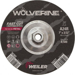 Weiler - 24 Grit, 7" Wheel Diam, 3/32" Wheel Thickness, Type 27 Depressed Center Wheel - Coarse Grade, Aluminum Oxide, Resinoid Bond, R Hardness, 8,500 Max RPM - Exact Tooling