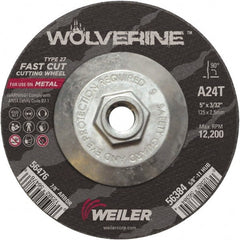 Weiler - 24 Grit, 5" Wheel Diam, 3/32" Wheel Thickness, Type 27 Depressed Center Wheel - Coarse Grade, Aluminum Oxide, Resinoid Bond, T Hardness, 12,200 Max RPM - Exact Tooling