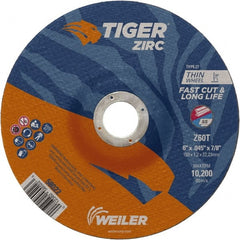 Weiler - 60 Grit, 6" Wheel Diam, 7/8" Arbor Hole, Type 27 Depressed Center Wheel - Medium Grade, Zirconia Alumina, Resinoid Bond, T Hardness, 10,200 Max RPM - Exact Tooling