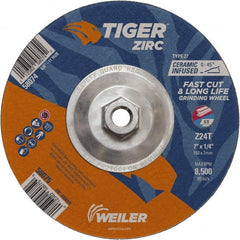 Weiler - 24 Grit, 7" Wheel Diam, 1/4" Wheel Thickness, Type 27 Depressed Center Wheel - Coarse Grade, Zirconia Alumina, Resinoid Bond, T Hardness, 8,500 Max RPM - Exact Tooling