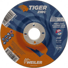 Weiler - 24 Grit, 5" Wheel Diam, 1/4" Wheel Thickness, 7/8" Arbor Hole, Type 27 Depressed Center Wheel - Coarse Grade, Zirconia Alumina, Resinoid Bond, T Hardness, 12,200 Max RPM - Exact Tooling