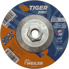 Weiler - 24 Grit, 5" Wheel Diam, 1/4" Wheel Thickness, Type 27 Depressed Center Wheel - Coarse Grade, Zirconia Alumina, Resinoid Bond, T Hardness, 12,200 Max RPM - Exact Tooling
