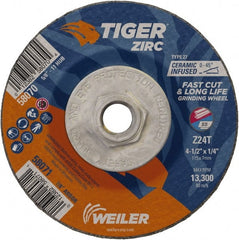 Weiler - 24 Grit, 4-1/2" Wheel Diam, 1/4" Wheel Thickness, Type 27 Depressed Center Wheel - Coarse Grade, Zirconia Alumina, Resinoid Bond, T Hardness, 13,300 Max RPM - Exact Tooling