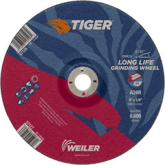 Weiler - 24 Grit, 9" Wheel Diam, 1/4" Wheel Thickness, 7/8" Arbor Hole, Type 27 Depressed Center Wheel - Coarse Grade, Aluminum Oxide, Resinoid Bond, R Hardness, 6,600 Max RPM - Exact Tooling