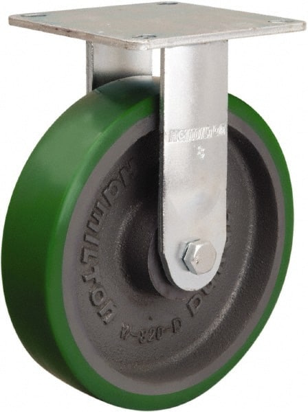 Hamilton - 8" Diam x 2" Wide x 9-1/2" OAH Top Plate Mount Rigid Caster - Polyurethane Mold onto Cast Iron Center, 900 Lb Capacity, Sealed Precision Ball Bearing, 5 x 5-1/2" Plate - Exact Tooling
