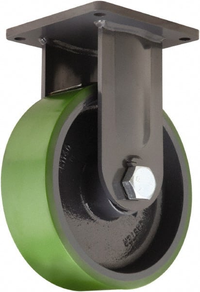 Hamilton - 10" Diam x 5" Wide x 13" OAH Top Plate Mount Rigid Caster - Polyurethane Mold onto Cast Iron Center, 5,000 Lb Capacity, Tapered Roller Bearing, 8-1/2 x 8-1/2" Plate - Exact Tooling