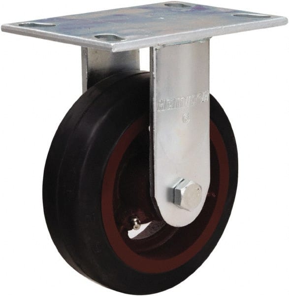 Hamilton - 6" Diam x 2" Wide x 7-1/2" OAH Top Plate Mount Rigid Caster - Rubber Mold on Cast Iron, 410 Lb Capacity, Straight Roller Bearing, 4-1/2 x 6-1/4" Plate - Exact Tooling
