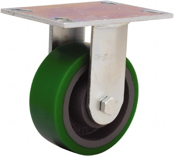 Hamilton - 5" Diam x 2" Wide x 6-1/2" OAH Top Plate Mount Rigid Caster - Polyurethane Mold onto Cast Iron Center, 900 Lb Capacity, Sealed Precision Ball Bearing, 4-1/2 x 6-1/4" Plate - Exact Tooling