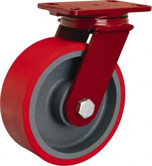 Hamilton - 8" Diam x 3" Wide x 10-1/8" OAH Top Plate Mount Swivel Caster - Polyurethane Mold onto Cast Iron Center, 2,200 Lb Capacity, Tapered Roller Bearing, 4-1/2 x 6-1/2" Plate - Exact Tooling