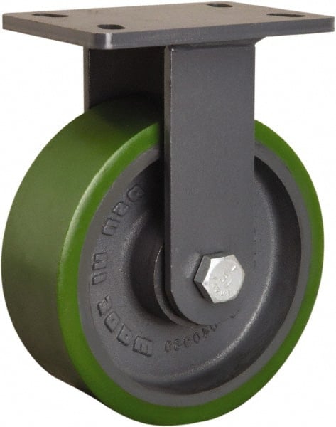 Hamilton - 8" Diam x 3" Wide x 10-1/4" OAH Top Plate Mount Rigid Caster - Polyurethane Mold onto Cast Iron Center, 2,400 Lb Capacity, Tapered Roller Bearing, 5 x 7" Plate - Exact Tooling