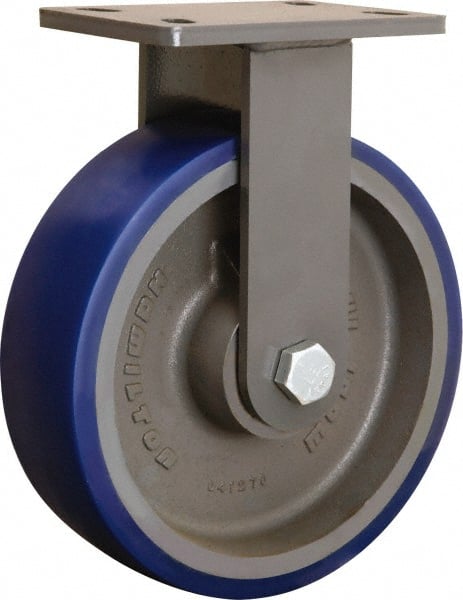 Hamilton - 10" Diam x 3" Wide x 12-1/16" OAH Top Plate Mount Rigid Caster - Polyurethane Mold onto Cast Iron Center, 2,400 Lb Capacity, Tapered Roller Bearing, 5 x 7" Plate - Exact Tooling