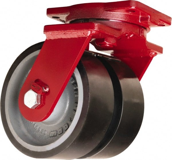 Hamilton - 8" Diam x 3" Wide x 10-1/2" OAH Top Plate Mount Dual Swivel Caster - Polyurethane Mold onto Cast Iron Center, 6,500 Lb Capacity, Sealed Precision Ball Bearing, 6-1/8 x 7-1/2" Plate - Exact Tooling