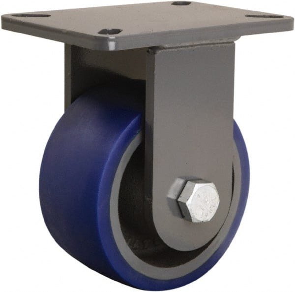 Hamilton - 6" Diam x 3" Wide x 8" OAH Top Plate Mount Rigid Caster - Polyurethane Mold onto Cast Iron Center, 1,800 Lb Capacity, Precision Tapered Roller Bearing, 5-1/4 x 7-1/4" Plate - Exact Tooling