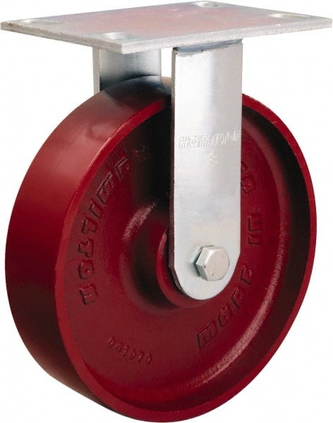 Hamilton - 8" Diam x 2" Wide x 9-1/2" OAH Top Plate Mount Rigid Caster - Cast Iron, 1,500 Lb Capacity, Precision Ball Bearing, 4-1/2 x 6-1/4" Plate - Exact Tooling