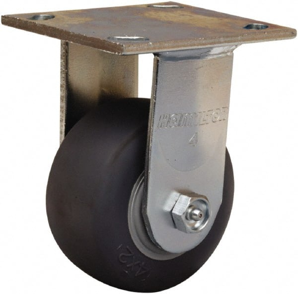 Hamilton - 4" Diam x 2" Wide x 5-5/8" OAH Top Plate Mount Rigid Caster - Rubber Mold on Polyolefin, 300 Lb Capacity, Straight Roller Bearing, 4 x 4-1/2" Plate - Exact Tooling