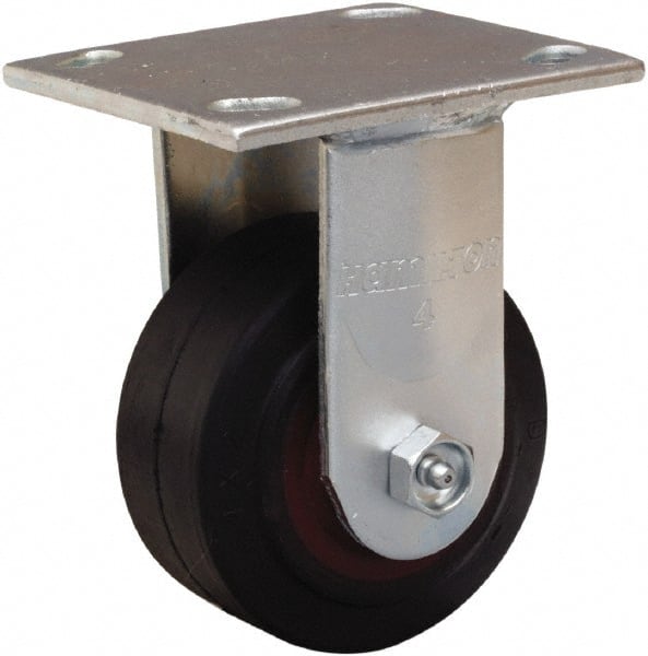 Hamilton - 4" Diam x 2" Wide x 5-5/8" OAH Top Plate Mount Rigid Caster - Rubber Mold on Cast Iron, 300 Lb Capacity, Straight Roller Bearing, 4 x 4-1/2" Plate - Exact Tooling