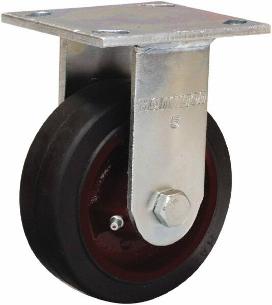 Hamilton - 4" Diam x 2" Wide x 5-5/8" OAH Top Plate Mount Rigid Caster - Rubber Mold on Cast Iron, Straight Roller Bearing, 4 x 4-1/2" Plate - Exact Tooling