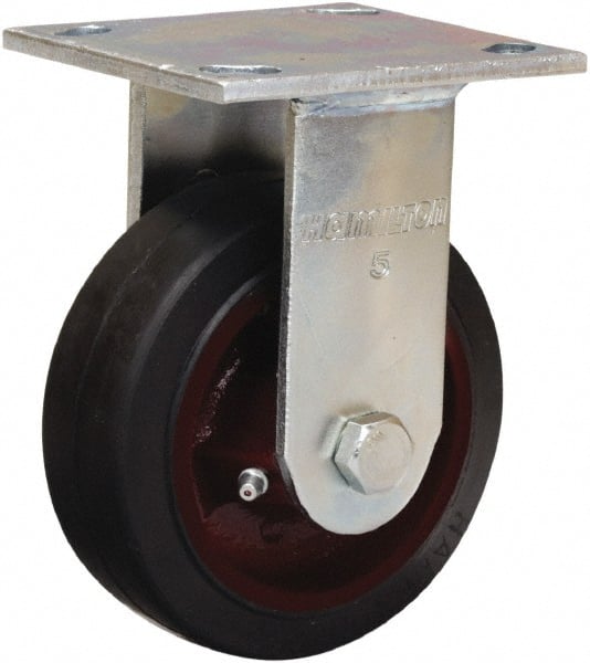 Hamilton - 5" Diam x 2" Wide x 7" OAH Top Plate Mount Rigid Caster - Rubber Mold on Cast Iron, Straight Roller Bearing, 4 x 4-1/2" Plate - Exact Tooling