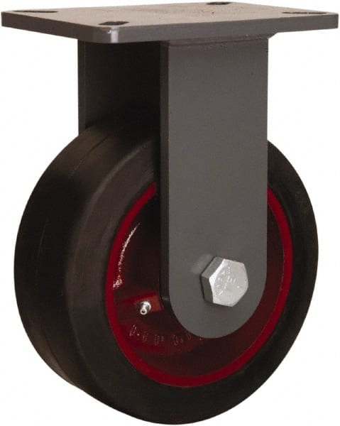 Hamilton - 8" Diam x 2" Wide x 9-1/2" OAH Top Plate Mount Rigid Caster - Rubber Mold on Cast Iron, Straight Roller Bearing, 4 x 4-1/2" Plate - Exact Tooling