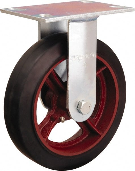 Hamilton - 8" Diam x 2" Wide x 9-1/2" OAH Top Plate Mount Rigid Caster - Rubber Mold on Cast Iron, 500 Lb Capacity, Straight Roller Bearing, 4-1/2 x 6-1/4" Plate - Exact Tooling