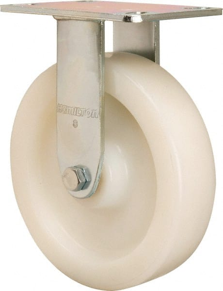 Hamilton - 8" Diam x 2" Wide x 9-1/2" OAH Top Plate Mount Rigid Caster - Nylon, 1,100 Lb Capacity, Sealed Precision Ball Bearing, 4-1/2 x 6-1/4" Plate - Exact Tooling