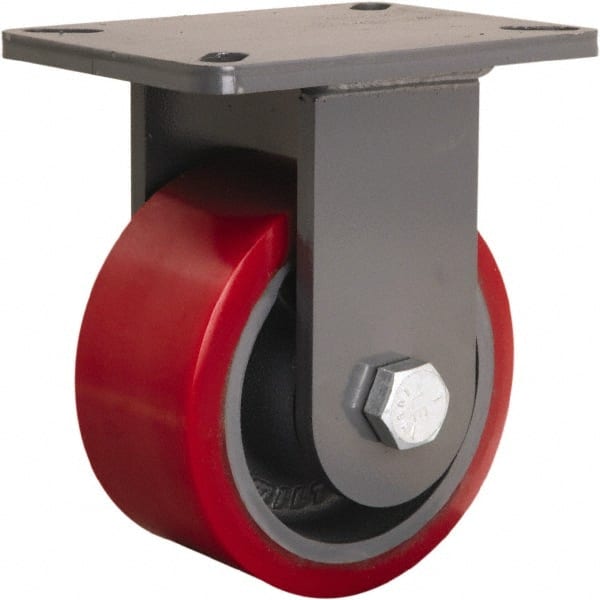 Hamilton - 6" Diam x 3" Wide x 8" OAH Top Plate Mount Rigid Caster - Polyurethane Mold onto Cast Iron Center, 2,600 Lb Capacity, Tapered Roller Bearing, 5-1/4 x 7-1/4" Plate - Exact Tooling
