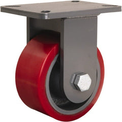 Hamilton - 6" Diam x 3" Wide x 8" OAH Top Plate Mount Rigid Caster - Polyurethane Mold onto Cast Iron Center, 2,600 Lb Capacity, Tapered Roller Bearing, 5-1/4 x 7-1/4" Plate - Exact Tooling