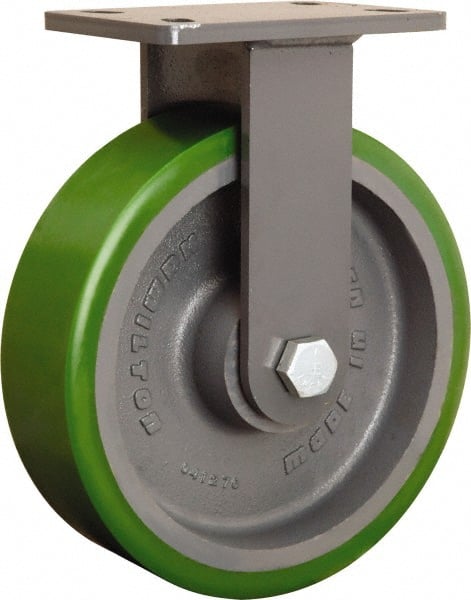 Hamilton - 10" Diam x 3" Wide x 12-1/16" OAH Top Plate Mount Rigid Caster - Polyurethane Mold onto Cast Iron Center, 2,400 Lb Capacity, Tapered Roller Bearing, 5 x 7" Plate - Exact Tooling