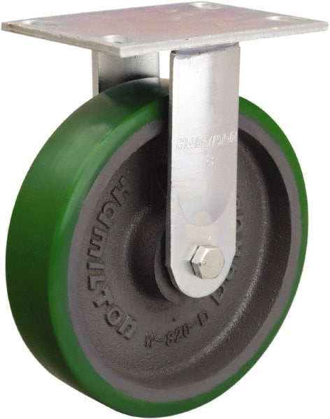 Hamilton - 8" Diam x 2" Wide x 9-1/2" OAH Top Plate Mount Rigid Caster - Polyurethane Mold onto Cast Iron Center, 900 Lb Capacity, Sealed Precision Ball Bearing, 4-1/2 x 6-1/4" Plate - Exact Tooling