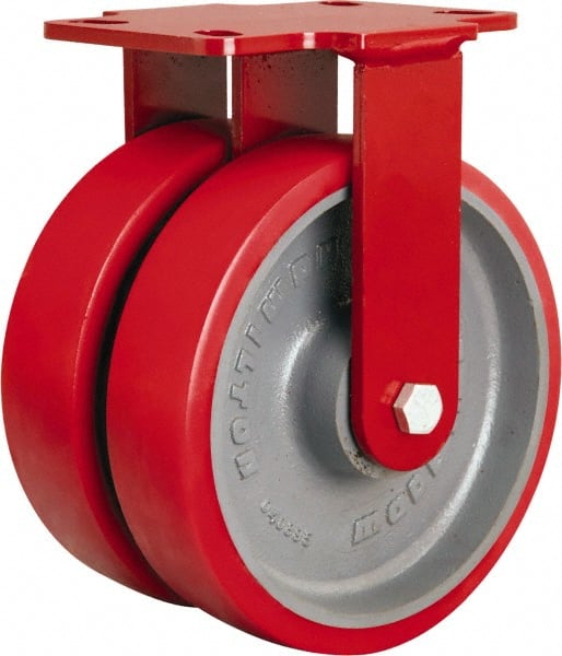 Hamilton - 8" Diam x 2" Wide x 9-3/4" OAH Top Plate Mount Rigid Caster - Polyurethane Mold onto Cast Iron Center, 2,500 Lb Capacity, Sealed Precision Ball Bearing, 4-1/2 x 6-1/2" Plate - Exact Tooling