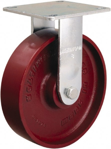 Hamilton - 8" Diam x 2" Wide x 9-1/2" OAH Top Plate Mount Rigid Caster - Cast Iron, 900 Lb Capacity, Sealed Precision Ball Bearing, 5 x 5-1/2" Plate - Exact Tooling