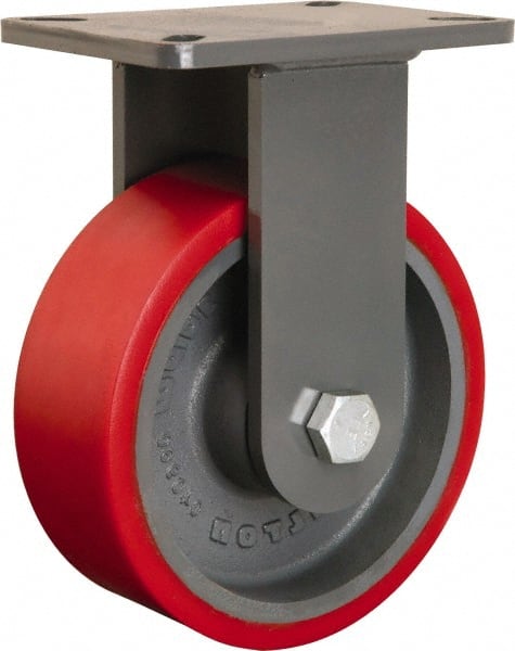 Hamilton - 8" Diam x 3" Wide x 10-1/2" OAH Top Plate Mount Rigid Caster - Polyurethane Mold onto Cast Iron Center, 3,000 Lb Capacity, Sealed Precision Ball Bearing, 5-1/4 x 7-1/4" Plate - Exact Tooling