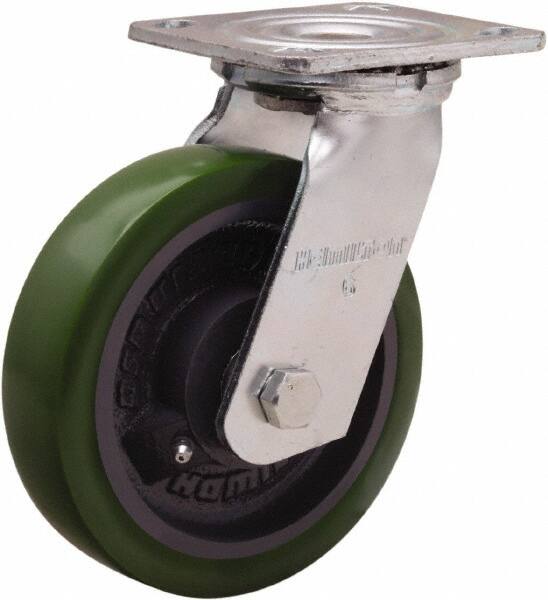 Hamilton - 6" Diam x 1-1/2" Wide x 7-1/2" OAH Top Plate Mount Swivel Caster - Polyurethane Mold onto Cast Iron Center, 550 Lb Capacity, Straight Roller Bearing, 4 x 4-1/2" Plate - Exact Tooling