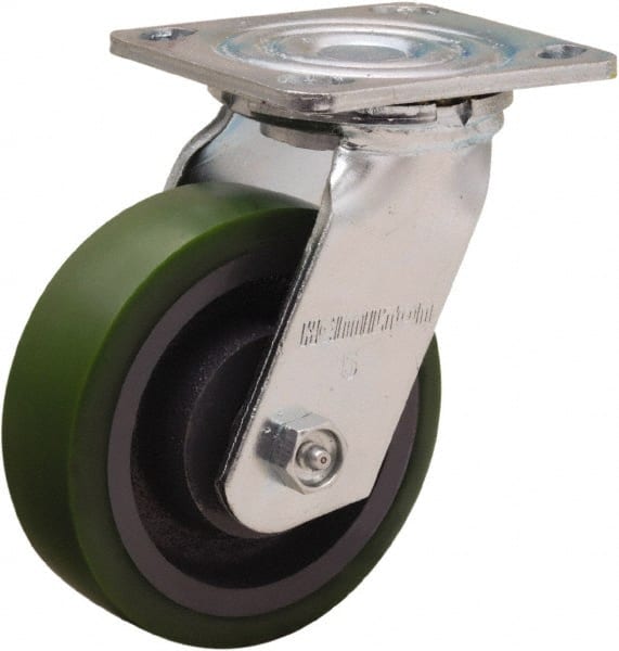 Hamilton - 5" Diam x 1-1/2" Wide x 6-1/8" OAH Top Plate Mount Swivel Caster - Polyurethane Mold onto Cast Iron Center, 550 Lb Capacity, Straight Roller Bearing, 4 x 4-1/2" Plate - Exact Tooling