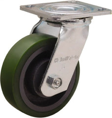 Hamilton - 5" Diam x 1-1/2" Wide x 6-1/8" OAH Top Plate Mount Swivel Caster - Polyurethane Mold onto Cast Iron Center, 550 Lb Capacity, Straight Roller Bearing, 4 x 4-1/2" Plate - Exact Tooling