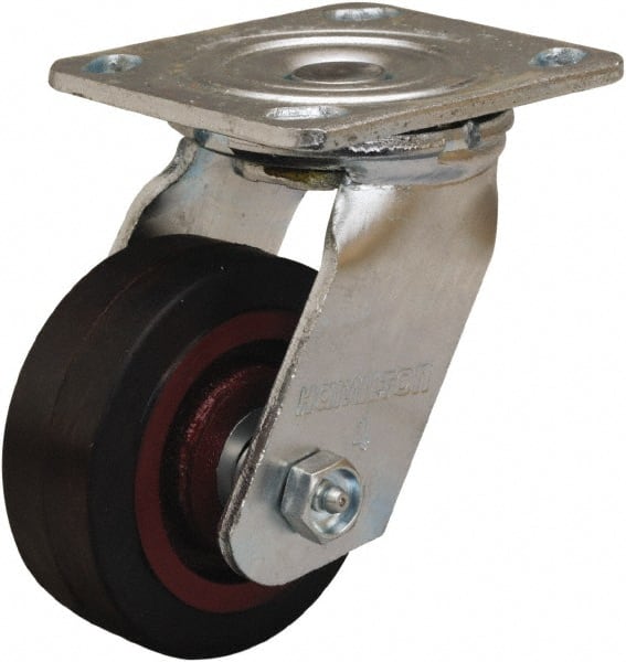 Hamilton - 4" Diam x 1-1/2" Wide x 5-5/8" OAH Top Plate Mount Swivel Caster - Rubber Mold on Cast Iron, 200 Lb Capacity, Straight Roller Bearing, 4 x 4-1/2" Plate - Exact Tooling