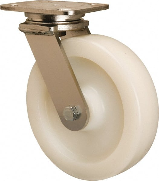 Hamilton - 8" Diam x 2" Wide x 9-1/2" OAH Top Plate Mount Swivel Caster - Nylon, 900 Lb Capacity, Stainless Steel Double Shielded Precision Ball Bearing, 4 x 5" Plate - Exact Tooling