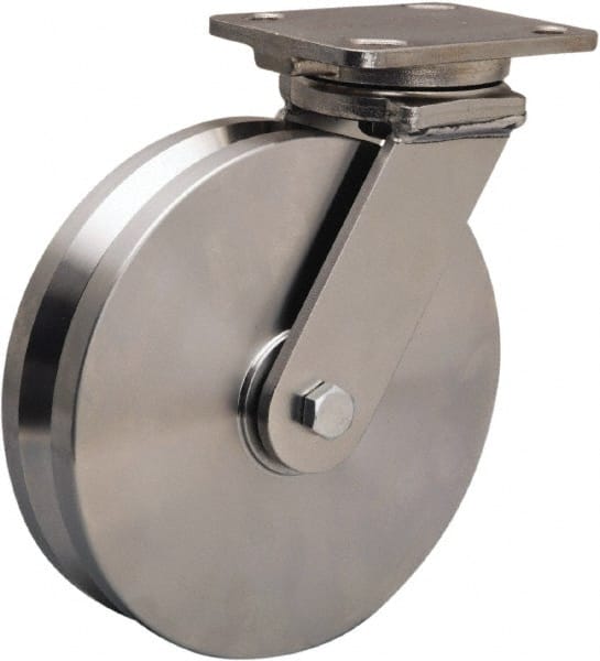 Hamilton - 8" Diam x 2" Wide, Stainless Steel Swivel Caster - 1,600 Lb Capacity, Top Plate Mount, 4" x 5" Plate, Stainless Steel Precision Ball Bearing - Exact Tooling