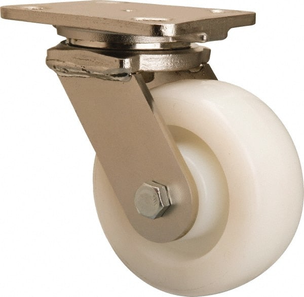 Hamilton - 5" Diam x 2" Wide x 6-1/2" OAH Top Plate Mount Swivel Caster - Nylon, 900 Lb Capacity, Stainless Steel Double Shielded Precision Ball Bearing, 4 x 5" Plate - Exact Tooling