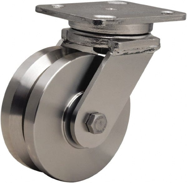 Hamilton - 5" Diam x 2" Wide, Stainless Steel Swivel Caster - 950 Lb Capacity, Top Plate Mount, 4" x 5" Plate, Stainless Steel Precision Ball Bearing - Exact Tooling