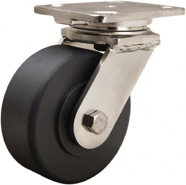 Hamilton - 8" Diam x 2" Wide x 9-1/2" OAH Top Plate Mount Swivel Caster - Nylon, 1,600 Lb Capacity, Stainless Steel Double Shielded Precision Ball Bearing, 4 x 5" Plate - Exact Tooling