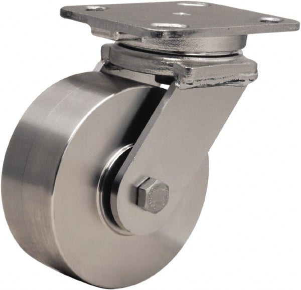 Hamilton - 5" Diam x 2" Wide x 6-1/2" OAH Top Plate Mount Swivel Caster - Forged Steel, 950 Lb Capacity, Stainless Steel Double Shielded Precision Ball Bearing, 4 x 5" Plate - Exact Tooling
