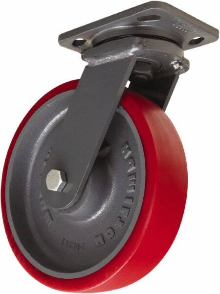 Hamilton - 8" Diam x 2" Wide x 9-1/2" OAH Top Plate Mount Swivel Caster - Polyurethane Mold onto Cast Iron Center, 1,800 Lb Capacity, Sealed Precision Ball Bearing, 4 x 5" Plate - Exact Tooling