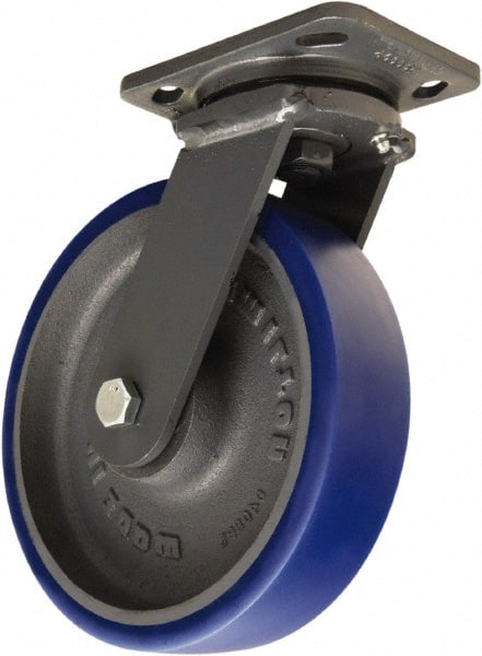 Hamilton - 8" Diam x 2" Wide x 9-1/2" OAH Top Plate Mount Swivel Caster - Polyurethane Mold onto Cast Iron Center, 1,200 Lb Capacity, Tapered Roller Bearing, 4 x 5" Plate - Exact Tooling